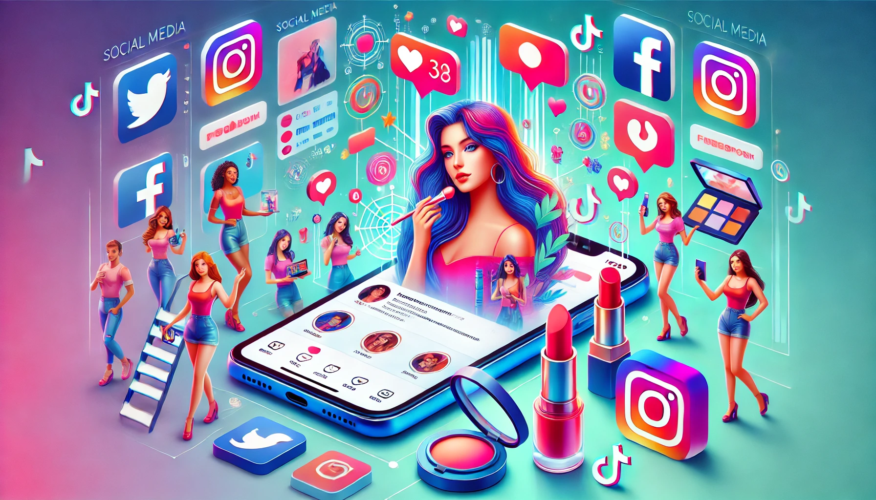 A vibrant social media interface on a smartphone screen, showing posts with high engagement including likes, comments, and shares. Influencer avatars interact with products, and platform icons like Instagram, Facebook, and TikTok appear in the backdrop, highlighting social media marketing